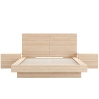 Lit plateforme de rangement en bois d'ingénierie moderne, finition chêne naturel, avec grande tête de lit, vente en gros