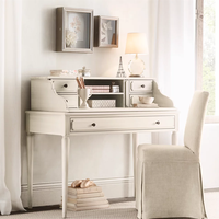Bureau d'écriture vintage Gustavien en bois massif blanc, coiffeuse de style campagnard français avec tiroirs et armoire de rangement pour chambre à coucher