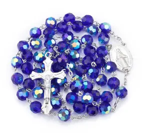 2022 vendita calda rosario vetro blu scuro cristallo gesù croce cristo Maria stock collana