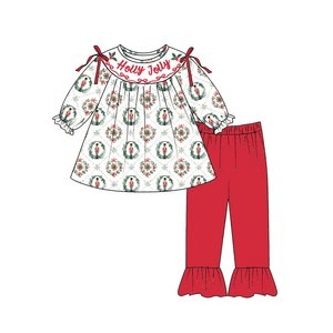 Conjuntos de Boutique Navideños Personalizados para Bebés y Niñas Pequeñas, Vestido de Dos Piezas con Bordado de Holly Jolly, Ropa Festiva - Product Image 2