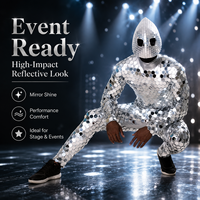 Costume de scène et de danse pour homme, intégral, avec miroirs hexagonaux et casque en forme de goutte d'eau argenté, pour cosplay Alien Sci-Fi, tenue unique