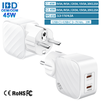 IBD Gan PD 45W Cargador rápido 2 tipo C en 1 20V Carga rápida Teléfono celular Laptop PD3.0 PPS QC4 QC3.0 SCP FCP Adaptadores de cargador de pared