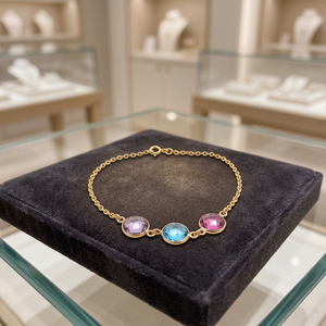 Gold Triplet <b>Chain</b> Bracelet with Multi Gemstones, Delicate Gold <b>Chain</b> Bracelet with Three Multicolor Stones - Product Image 2