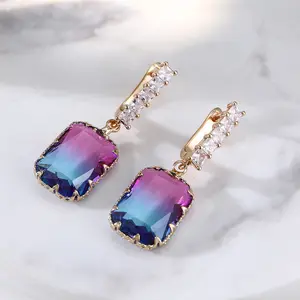 Best Selling Purple Blue Square Glass Dangle Earrings Rainbow Square Crystal Drop Earrings