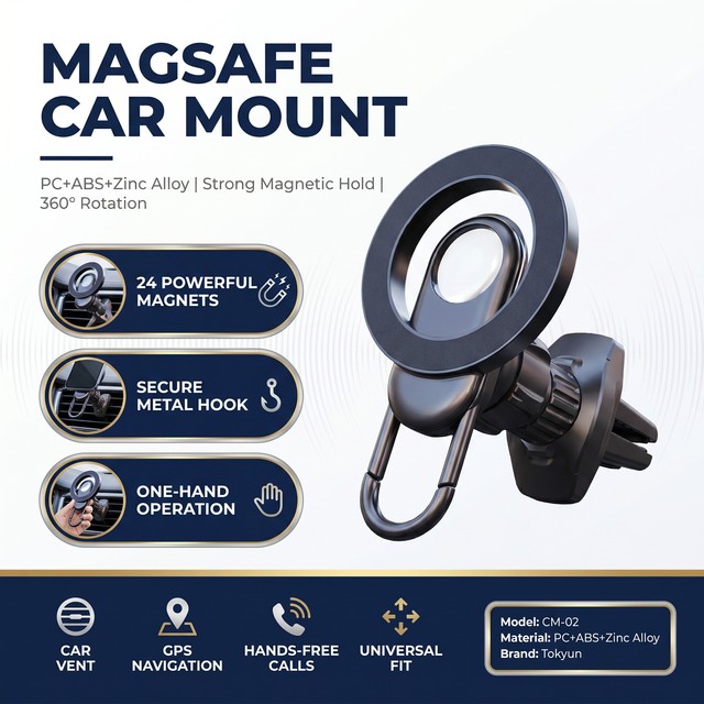 Cost-effective Magsafe Vent-Mounted Car Phone Holder Metal Hook 360 Rotation 24 Strong Magnets-Universal Fit iPhone 15 Mobile