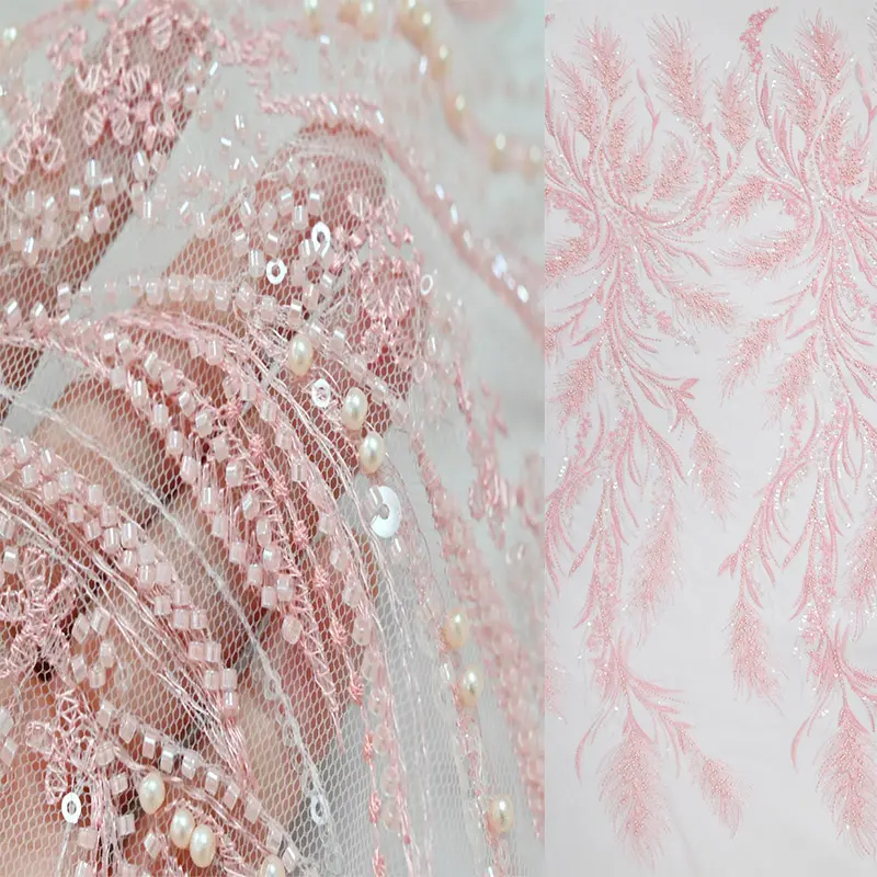 Allgreat Pink Embroidery Lace Fabric Bead Pearl Luxury for Woman Service Modern Sustainable Machine Embroidery Patterns