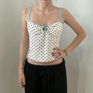 Débardeur court à pois pour femme, mignon, sans manches, à nouer devant, en maille respirante, écologique, froncé avec rubans, sexy, pour club, été - Product Image 5