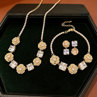 Ensemble de 3 pièces : Collier en zircon rose cristal, Bracelets camélia de luxe, Boucles d'oreilles clous fleur, Bijoux de mariée scintillants, Conjunto De Joyas