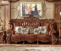 Canapé de salon sectionnel de luxe de style royal européen, en bois de chêne massif, sculpté vintage, en cuir véritable marron, avec éponge, 1+2+3 places