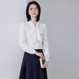 Women's White Long Sleeve Blouse Poplin Anti-Wrinkle Wrap Tie Work Formal Shirt Spring Summer 2026 - Product Image 2