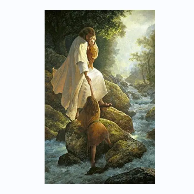 paintings and wall arts of jesus christ originals male portrait Christ Jesus with child and little girl by stream oil painting