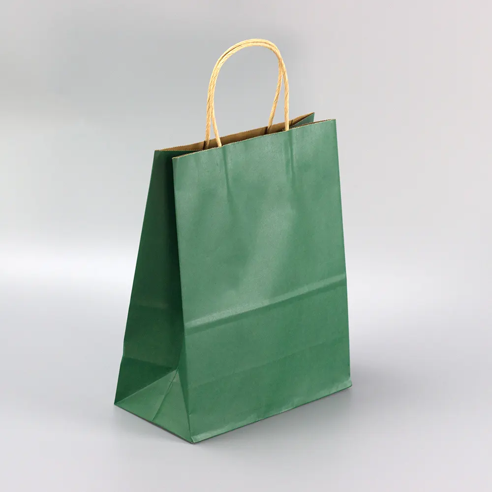Bolsa de papel reciclable para manualidades, bolsa de papel de manualidades con mango reforzado respetuoso con el medio ambiente, Logo impreso personalizado, fondo sólido, verde, marrón