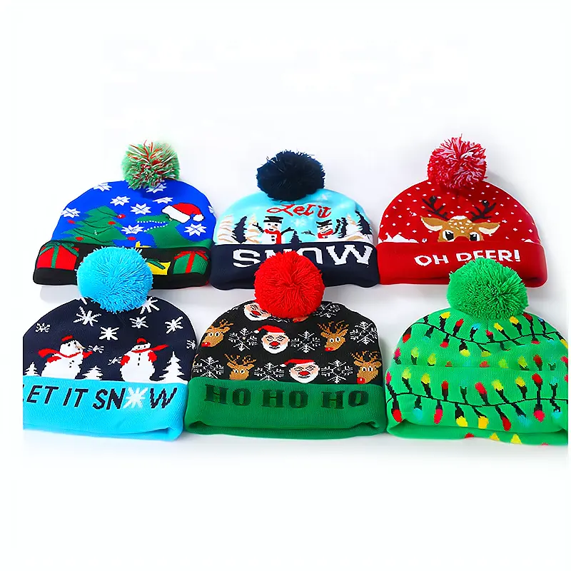 LED Christmas Knitted Pompom Beanie Hat Sweater Winter Festival Light-up Caps Kids Adults Xmas Party Gifts Caps