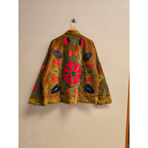 Brown Floral Embroidered <b>Women's</b> <b>Velvet</b> <b>Jacket</b> with Multicolor Botanical Motifs Stand Collar Long Sleeve Designer Bohemian - Product Image 5