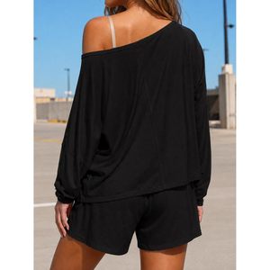 Womens 2 Piece <b>Long</b> <b>Sleeve</b> Off Shoulder <b>Tops</b> And Shorts Lounge Set Asymmetrical Neck Solid Casual Above Knee Polyester - Product Image 4