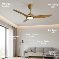 Ventilateur de plafond moderne à moteur DC, LED 3 couleurs, métal, silencieux, télécommande 6 vitesses, pales ABS de 20 pouces, garantie 10 ans, intensité variable