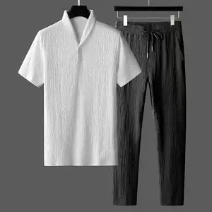 M-4XL夏季运动套装男士宽松翻领短袖t恤裤子套装学生休闲拉绳口袋长裤