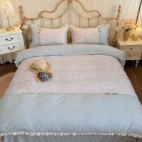 Parure de lit quatre pièces en coton 200TC bleu clair, style coréen, avec bordure en dentelle patchwork, résistante à la décoloration, toutes saisons (drap, taie d'oreiller, housse de couette)