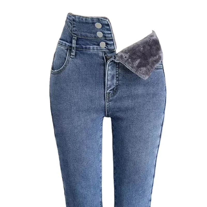 High waist slimming fleece jeans women winter pants thermal jeans for ladies