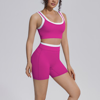 Kleurblok Workout Set Geribbelde Schokabsorberende Push-up Sportbeha Hoge Taille Buikverstevigende Heupliftende Shorts Yoga Set