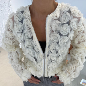 <strong>King</strong> Mcgreen Star Early Autumn New Arrival Stand up Collar 3D Sional Flower Zipper Jacket Short <strong>Coat</strong> Women Clothing - Product Image 4