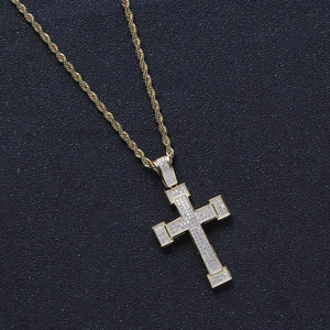 Wide Multi-Row CZ <b>Cross</b> Pendant, Unisex Minimalist Hip Hop Necklace, Iced Out Religious <b>Chain</b> Jewelry - Product Image 2