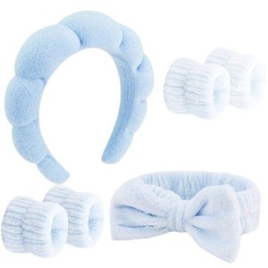 Ensemble de bandeaux en polaire corail effet nuage avec nœud et bracelet, bandeau à couronne haute pour le lavage du visage, le maquillage, le spa, les mariages et comme cadeau pour demoiselles d'honneur - Product Image 4