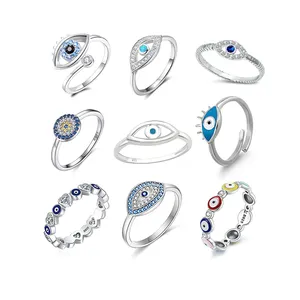 Kubisch Zirkonia Signet Resized Blue Gemstone Turks Good Suck Cadeau Sieraden Eye Of The Evil Ring 925 Sterling Zilver Voor Vrouwen