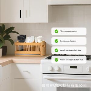 Bamboo Tableware Organizer <b>Box</b> With <b>Removable</b> Tray For Kitchen Utensil Storage - Product Image 3