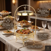 Chauffe-Plat Commercial 8L en Acier Inoxydable Doré pour Buffet, Réchaud à Alcool avec Grilles Réglables et Conception Anti-Blocage 85-100°C pour Hôtels