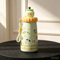 Bouteille d'eau isotherme à double paroi en acier inoxydable, motif dessin animé mignon, avec paille et cordon, idéale pour les enfants et les cadeaux scolaires