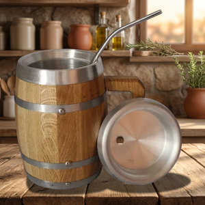 Mug en baril écologique The Barrel House en chêne et aluminium 500 ml avec couvercle et paille, design rustique pour boissons froides et chaudes et bière - Product Image 3