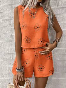 Conjunto de Dos Piezas Casual y Sexy para Mujer, Top Corto Bordado de Algodón Tejido Sólido y Pantalones Cortos Largos - Product Image 3