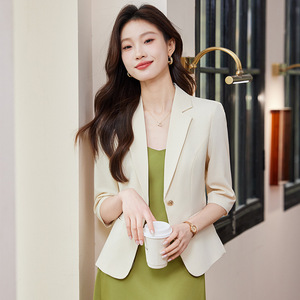 Women's 3/4 Sleeve Blazer Light Blue Solid Color Anti-Wrinkle Slim Fit Suit Jacket For Office Commuters - Product Image 3