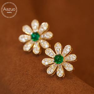 Aazuo 18K Fine Jewelry Solid Yellow Gold Natural <b>Emerald</b> Real Diamonds Fashion Flower <b>Stud</b> <b>Earrings</b> Gift For Ladies Daily Wear - Product Image 1