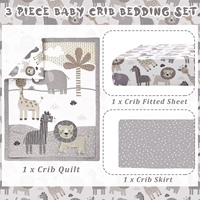 Ensemble de literie pour lit de bébé 3 pièces, animaux de la savane, éléphant, zèbre, lion, girafe, ensemble de lit de bébé neutre, comprend une couette, un drap-housse et une jupe