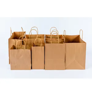 Toptan perakende hediye alışveriş paket servisi olan restoran aperatif yemek kağıdı tote çanta özel baskı logosu beyaz kolları ile kahverengi kraft kağıt torbalar