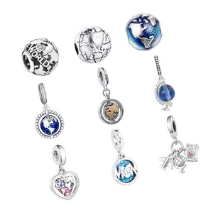 Contas de joias de prata esterlina 100% verdadeiro, para mulheres, família, girando, coração, globo, pingente europeu, pulseira diy, atacado, 925
