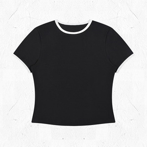 Camisetas Ajustadas Spicy Girl con Cuello Redondo, 92.2% Algodón, 7.8% Elastano, 260GSM, Bloques de Color, Camisetas con Ribete en Contraste para Mujer - Product Image 2