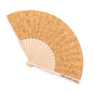 Custom Printing Eco-Friendly Cork Wood Hand Fan Material Cork Folding Wooden Hand Fan