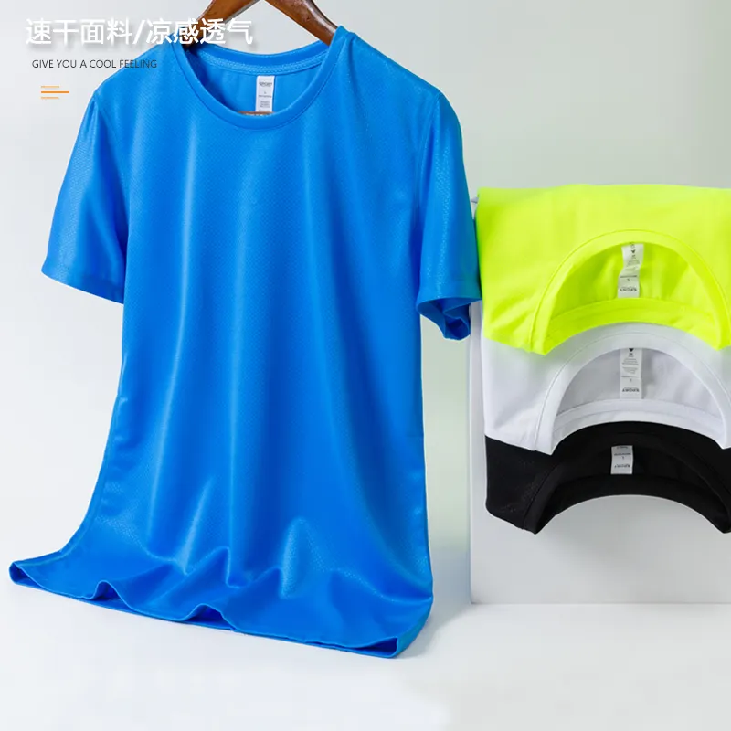 Camiseta de malha personalizada esportiva 100% poliéster, camiseta macia e respirável para academia e secagem rápida, ao ar livre