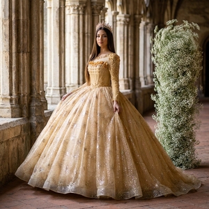 Vestido de Fiesta Largo hasta el Suelo, Estilo Moderno Xs273, con Perlas Doradas Vintage, Apliques de Cuentas, Estilo Princesa, para Quinceañera - Product Image 1