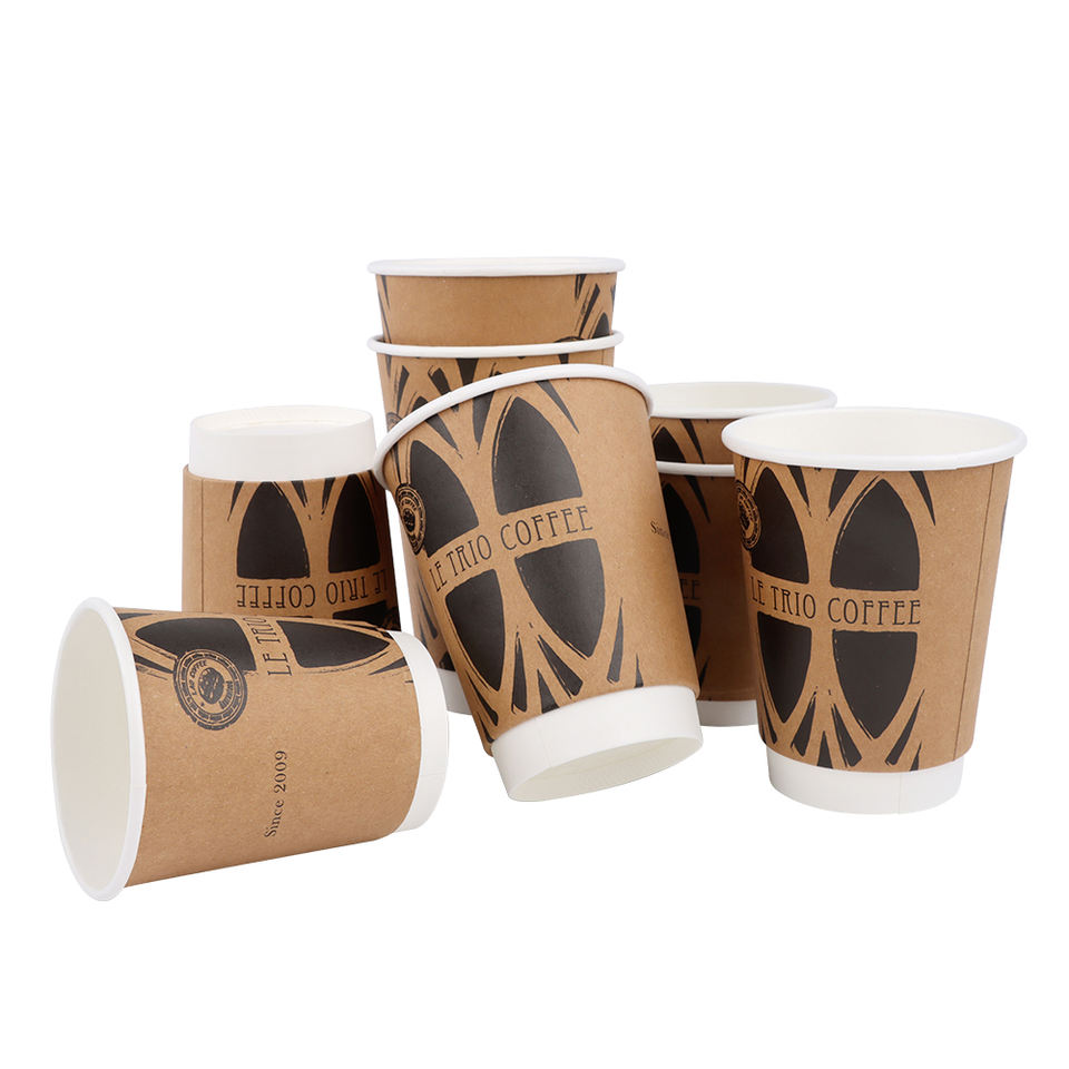 Custom printed logo 8oz 12oz double wall disposable hot cold drinks coffee kraft ripple paper cups with lids