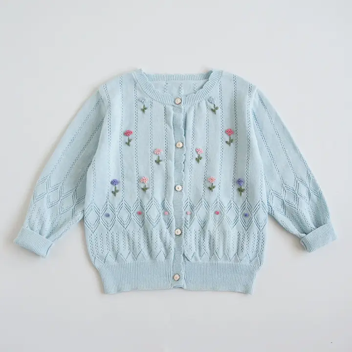 Maglioni per bambini all'ingrosso per cardigan per bambini ragazze lavorate a maglia smocked blue ricamo fiore boutique di abbigliamento per bambini