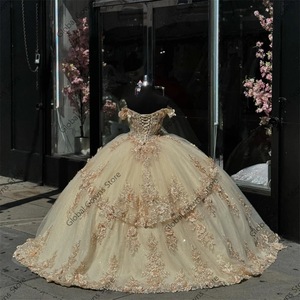 Champagne Off The Shoulder Prom Dress Ball Gown Applique Floral Print Adult Women's Formal Party Dress - Product Image 3