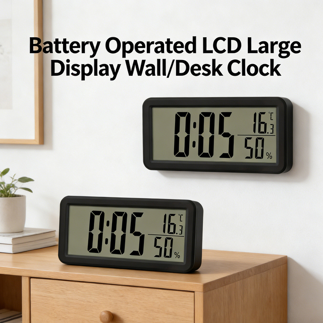 Large LCD Digital Battery Operated Desktop Wall Alarm Clock with Electronic Temperature and Humidity Display Time Home Office
