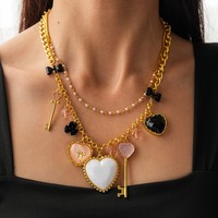 Collier pendentif chaîne chandail double couche Vintage Pearl Love Bow Key
