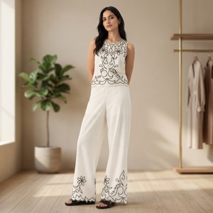 Women's Embroidered Co-Ord <b>Set</b> Elegant Sleeveless Top with Wide Leg Pants | Wholesale Fashion Apparel & Global Export - Product Image 2
