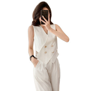 Women's Suit Set Striped Sleeveless Vest Wide Leg Pants Two Piece Casual Anti Wrinkle Spring Summer 2024 - Product Image 5
