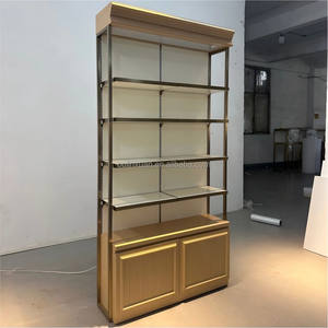 Étagère murale de présentation pour magasin avec armoire, gondole murale, étagères à cadre doré, vitrine de présentation à panneaux rainurés - Product Image 5